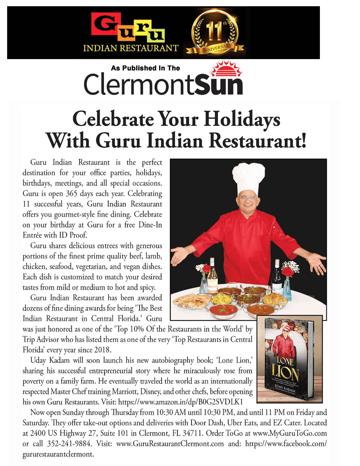 Clermont Sun Editorial for Guru Indian Restaurant